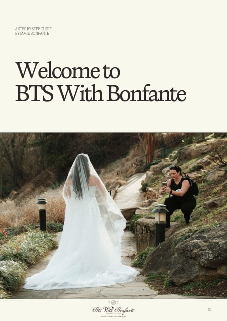BTS With Bonfante Welcome Guide for wedding content creation, featuring a Greenville, SC wedding content creator capturing candid bridal moments.